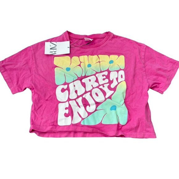 Zara Girls "Care to Enjoy" Graphic Crop Tee - Size 8 - Picture 1 of 3